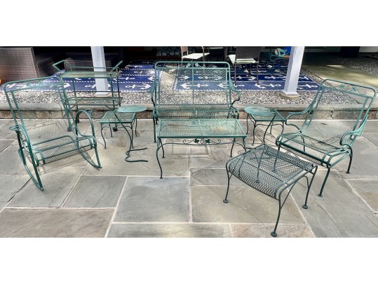 Nine Piece Vintage Green Paint Finished Iron Patio Set