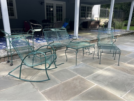 Nine Piece Vintage Green Paint Finished Iron Patio Set
