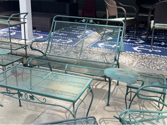 Nine Piece Vintage Green Paint Finished Iron Patio Set