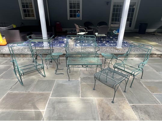 Nine Piece Vintage Green Paint Finished Iron Patio Set