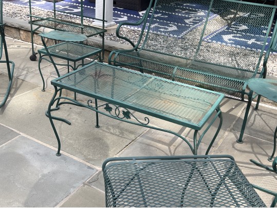 Nine Piece Vintage Green Paint Finished Iron Patio Set