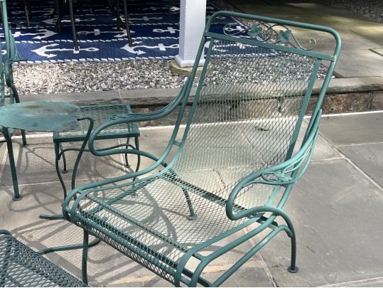 Nine Piece Vintage Green Paint Finished Iron Patio Set