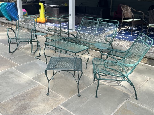 Nine Piece Vintage Green Paint Finished Iron Patio Set