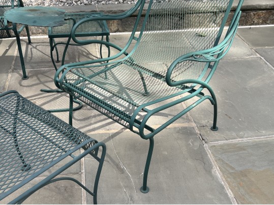 Nine Piece Vintage Green Paint Finished Iron Patio Set
