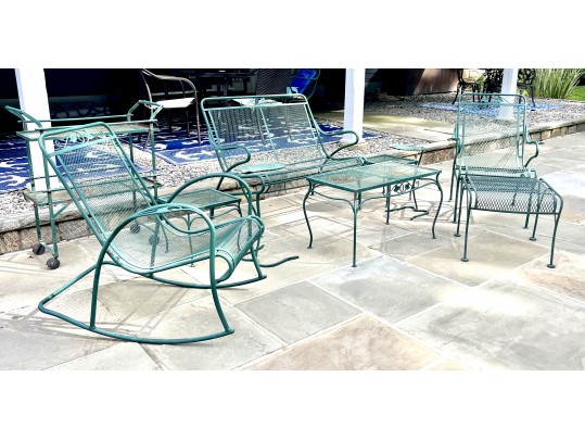 Nine Piece Vintage Green Paint Finished Iron Patio Set