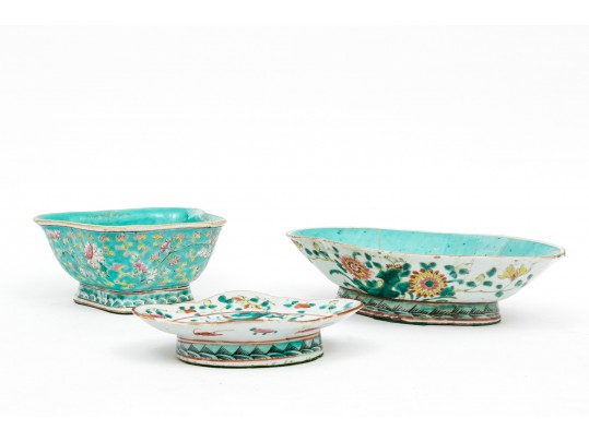Collection Of 3 Chinese Famille Rose Porcelain Footed Dish & Bowls