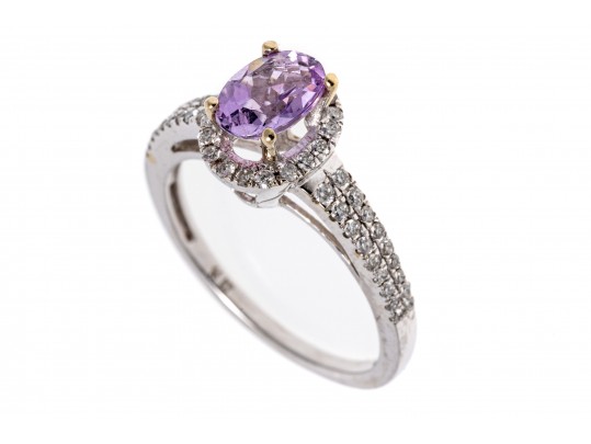 14k White Gold Pretty Pale Amethyst And Diamond Halo Ring, Size 6.5