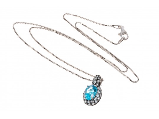 Sterling Silver Lovely Light And Medium Blue Topaz Pave Cluster Pendant With Chain