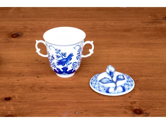 Meissen Porcelain Blue Onion Cup & Saucer With Pierced Holder