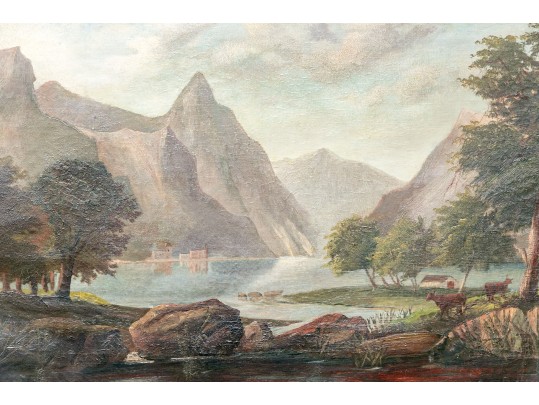 Antique Oil On Canvas Painting, Mountainous Valley Landscape