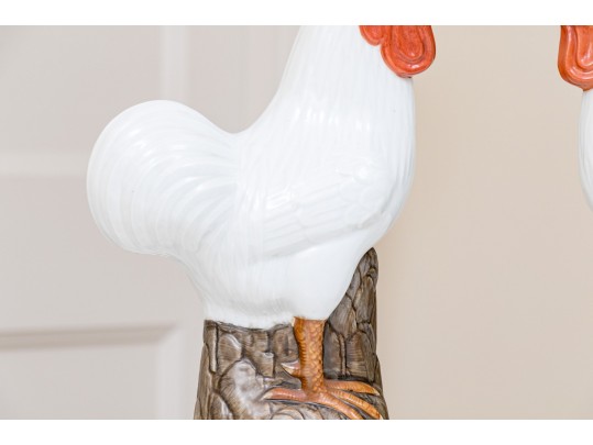Lovely Pair Of Decorative Chinese Naturalistically Glazed Roosters