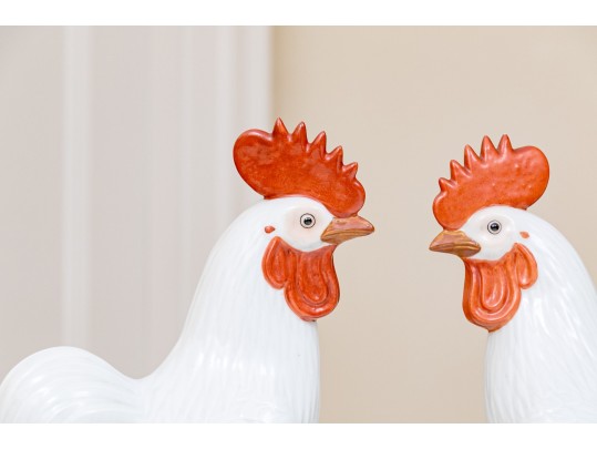 Lovely Pair Of Decorative Chinese Naturalistically Glazed Roosters