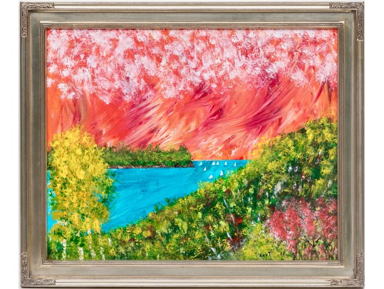 Gert (Am. 20th-21st C.) Acrylic On Canvas Board, Red Sky With Sailboats