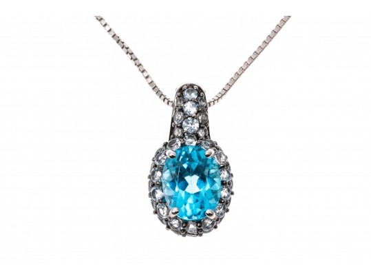 Sterling Silver Lovely Light And Medium Blue Topaz Pave Cluster Pendant With Chain