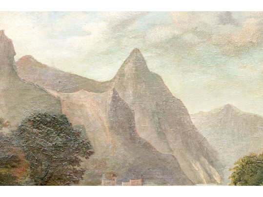 Antique Oil On Canvas Painting, Mountainous Valley Landscape