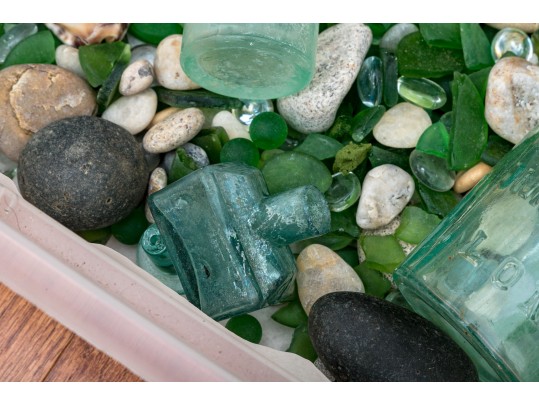 Decorative Sea Glass, Pebbles And Bottles 