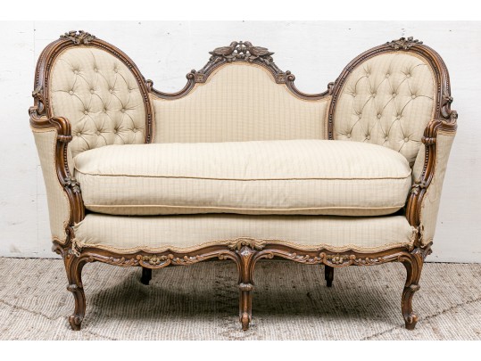 Vintage French Style Tufted Back Wood Frame Sofa