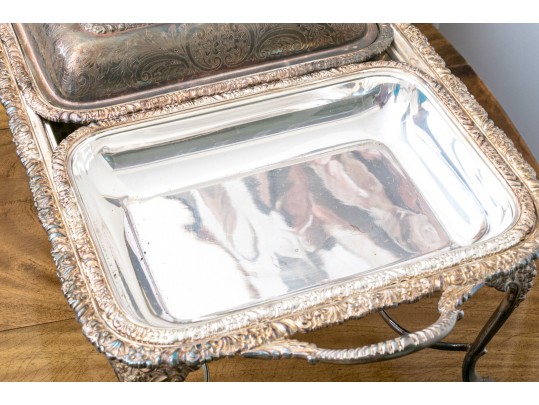 English Silver Plated Lot With Pair Of Chafing Dishes On Stand Along With A Lidded Tureen