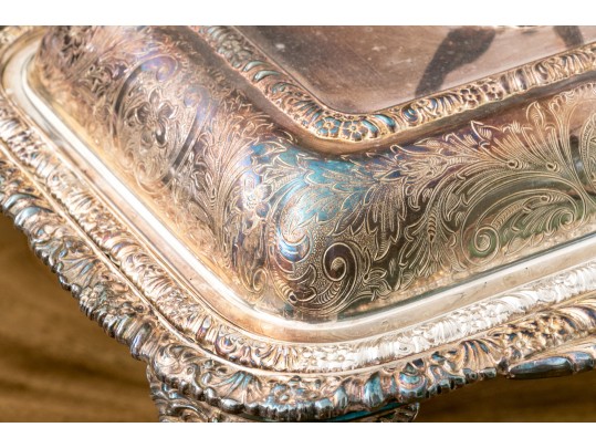 English Silver Plated Lot With Pair Of Chafing Dishes On Stand Along With A Lidded Tureen