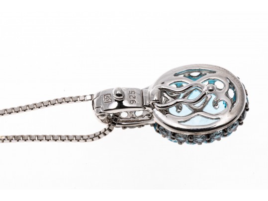 Sterling Silver Lovely Light And Medium Blue Topaz Pave Cluster Pendant With Chain