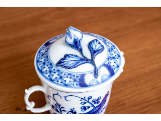 Meissen Porcelain Blue Onion Cup & Saucer With Pierced Holder