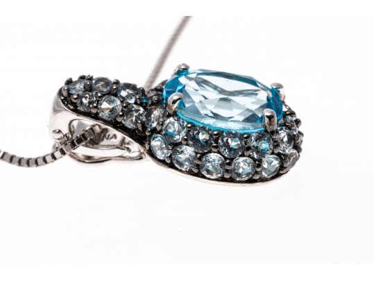 Sterling Silver Lovely Light And Medium Blue Topaz Pave Cluster Pendant With Chain