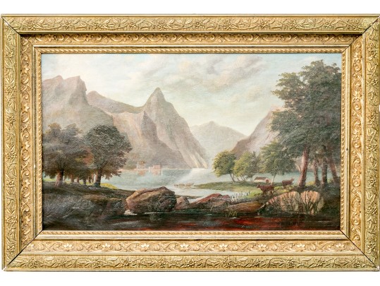 Antique Oil On Canvas Painting, Mountainous Valley Landscape