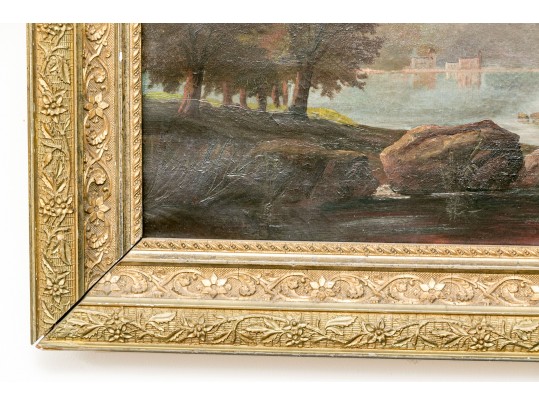 Antique Oil On Canvas Painting, Mountainous Valley Landscape