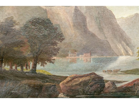 Antique Oil On Canvas Painting, Mountainous Valley Landscape