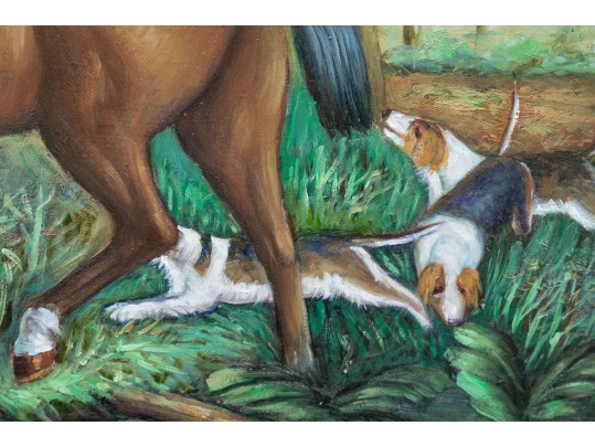 Signed Gilt Framed Oil On Panel, Hunter And Hounds