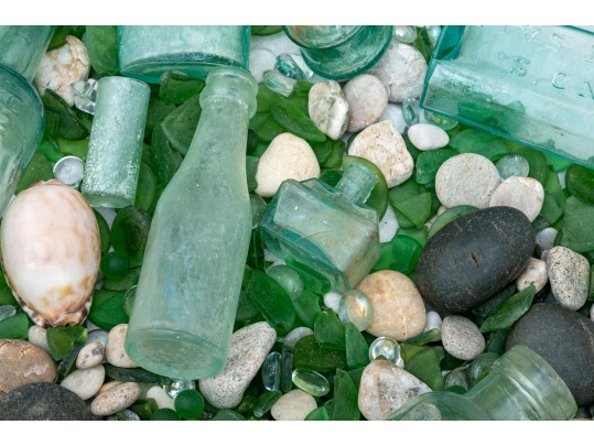 Decorative Sea Glass, Pebbles And Bottles 