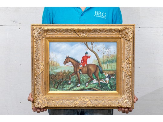 Signed Gilt Framed Oil On Panel, Hunter And Hounds