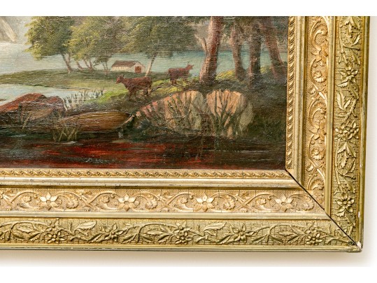 Antique Oil On Canvas Painting, Mountainous Valley Landscape