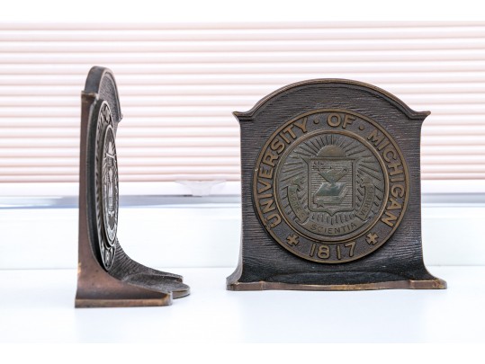 Pair Of Vintage Solid Bronze University Of Michigan Bookends