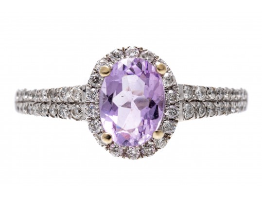 14k White Gold Pretty Pale Amethyst And Diamond Halo Ring, Size 6.5