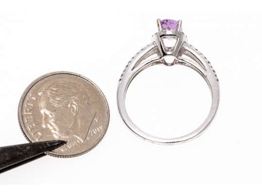 14k White Gold Pretty Pale Amethyst And Diamond Halo Ring, Size 6.5