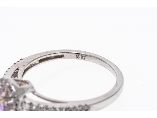 14k White Gold Pretty Pale Amethyst And Diamond Halo Ring, Size 6.5