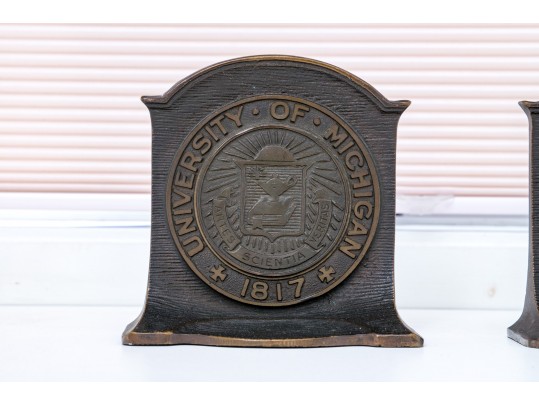 Pair Of Vintage Solid Bronze University Of Michigan Bookends