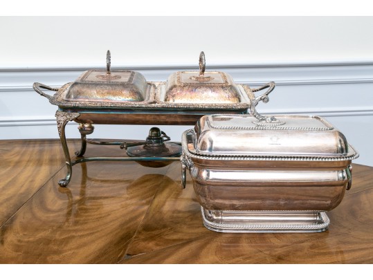English Silver Plated Lot With Pair Of Chafing Dishes On Stand Along With A Lidded Tureen