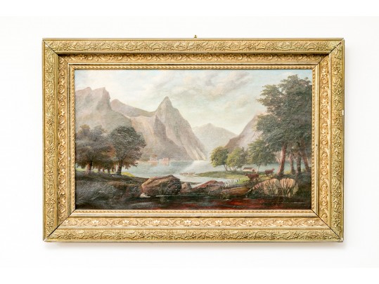 Antique Oil On Canvas Painting, Mountainous Valley Landscape