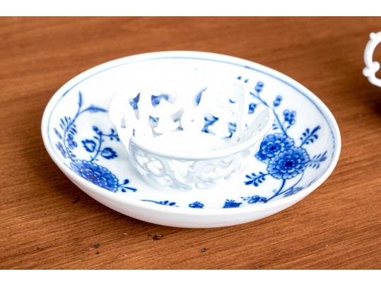 Meissen Porcelain Blue Onion Cup & Saucer With Pierced Holder