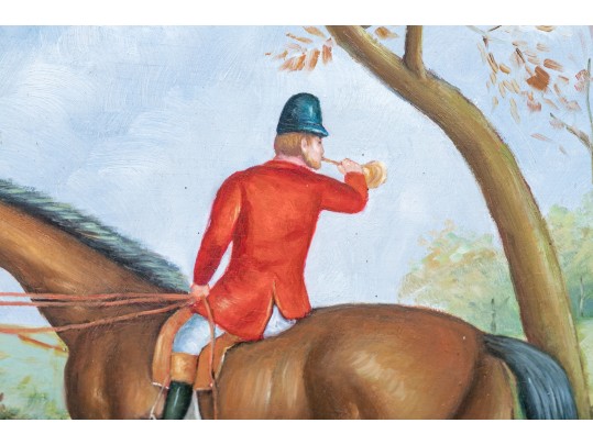 Signed Gilt Framed Oil On Panel, Hunter And Hounds