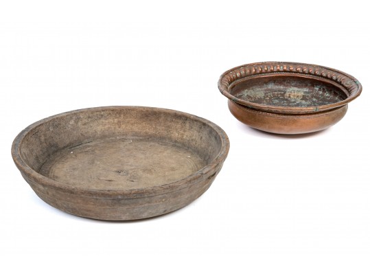 An Antique Copper And A Wooden Bowl