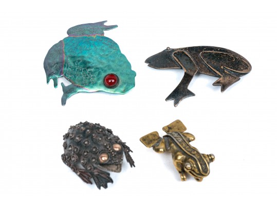 Collection Of Four Charming Frog Form Pins With Silver
