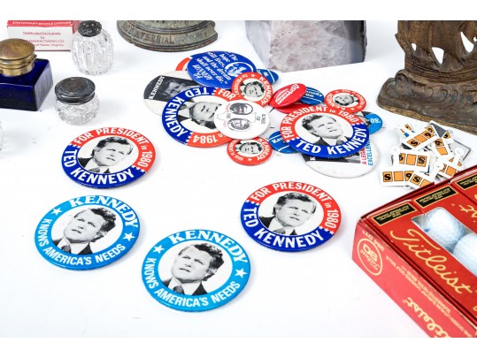 Large Group Lot Of Miscellaneous Table Top And Other Items With US Campaign Buttons And Golf Balls