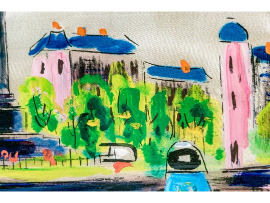 Signed Painting On Satin Fabric, Paris Street Scene