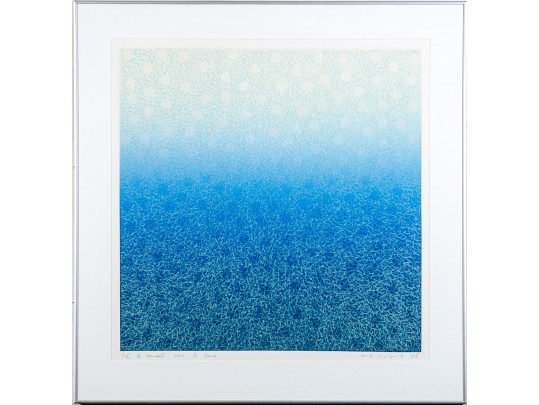 Signed Framed Large Scale 1986 Color Lithograph, Abstract In Blues