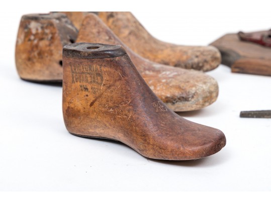 Collection Of Antique Wooden Shoe Maker's Molds And An Antique Coffee Grinder