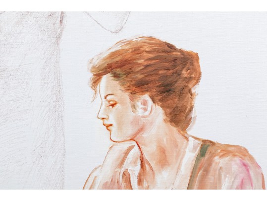 Signed Large Scale Oil On Canvas, The Music Lesson