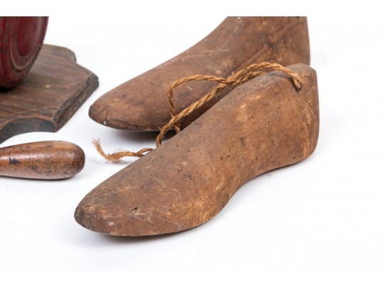 Collection Of Antique Wooden Shoe Maker's Molds And An Antique Coffee Grinder
